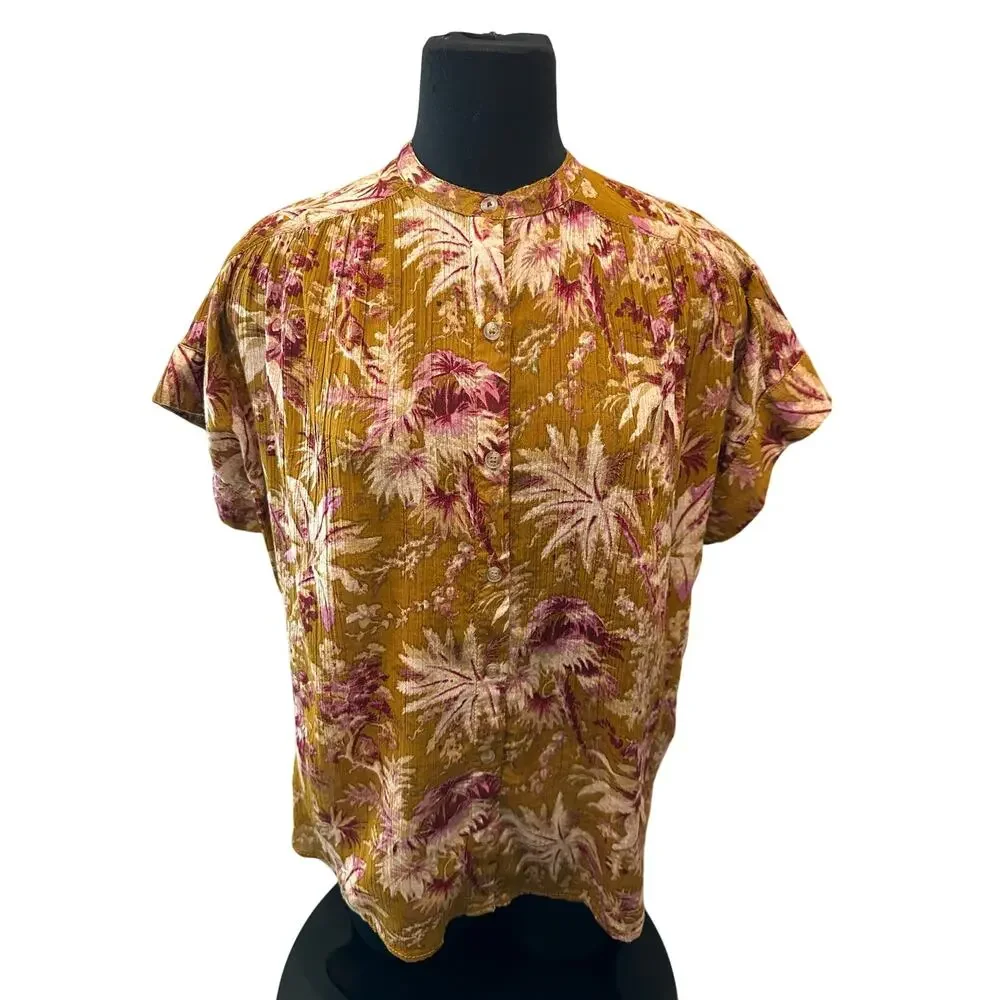 ANTHROPOLOGIE | Pilcro Gold Floral Cotton Boho Short Sleeve Blouse Top | XS
